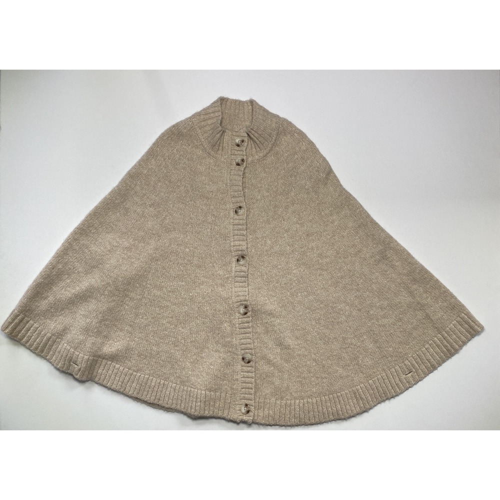 LL Bean Mohair Merino Wool Knit Poncho Button Up Cardigan Cape Beige Large